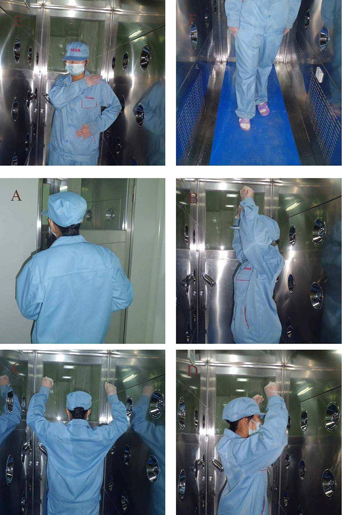 進入風淋室風淋結束后，風淋結束后應及時脫下防護服和鞋帽，并按照規定進行廢棄或清洗。